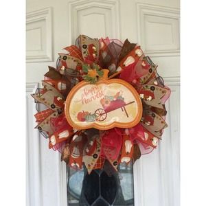 Happy Harvest Red Wheelbarrow Pumpkin Deco Mesh Ribbon Fall Storm Door Wreath
